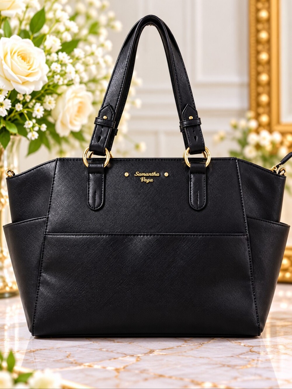 Samantha Vega Black Leather 2-Way Tote Shoulder Bag Designer Women Handbag Purse